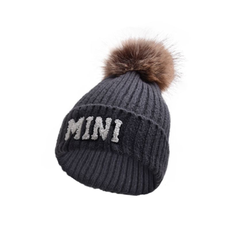 Fashion Black And Gray-fur Ball Mini Woolen Hat (suitable For 2-6 Years Old) Letter Embroidery Knitted Children's Beanie