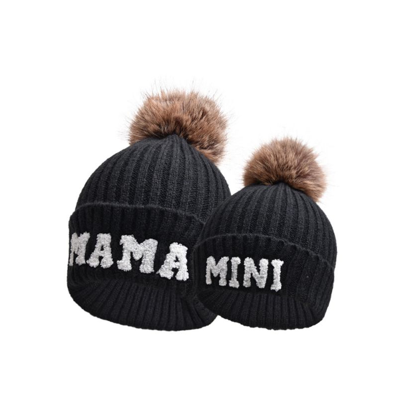 Fashion Black Mama+mini Fur Ball Cap Letter Embroidered Knitted Parent-child Beanie