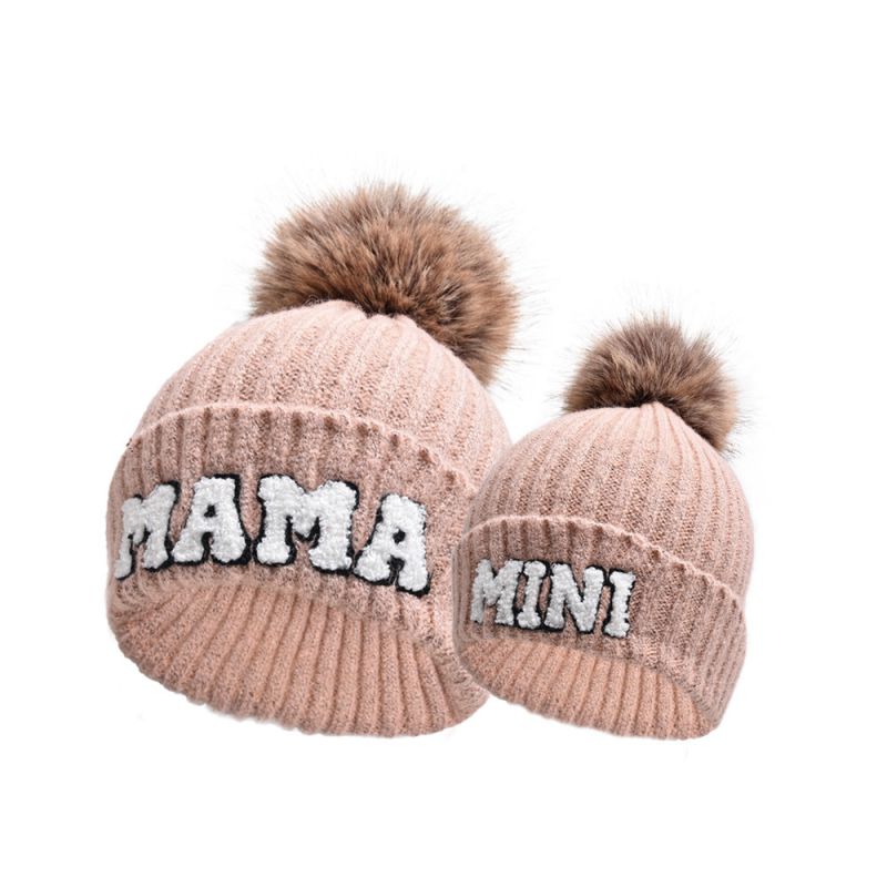 Fashion Leather Pink Mama+mini Fur Ball Hat Letter Embroidered Knitted Parent-child Beanie