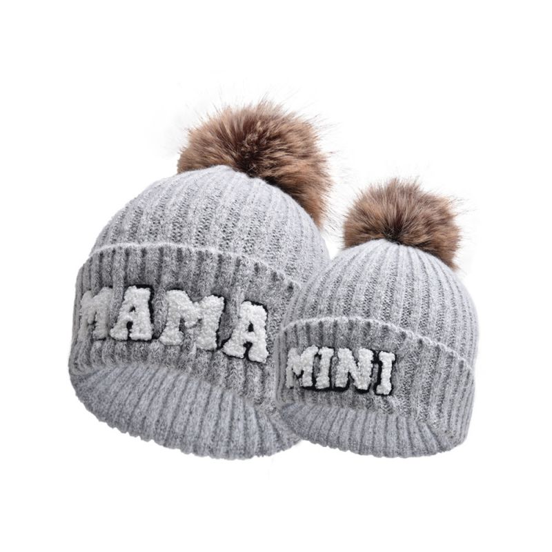 Fashion Light Gray Mama+mini Fur Ball Cap Letter Embroidered Knitted Parent-child Beanie