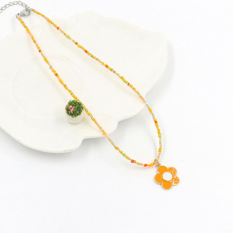 Fashion A#orange Colorful Rice Beads Flower Necklace