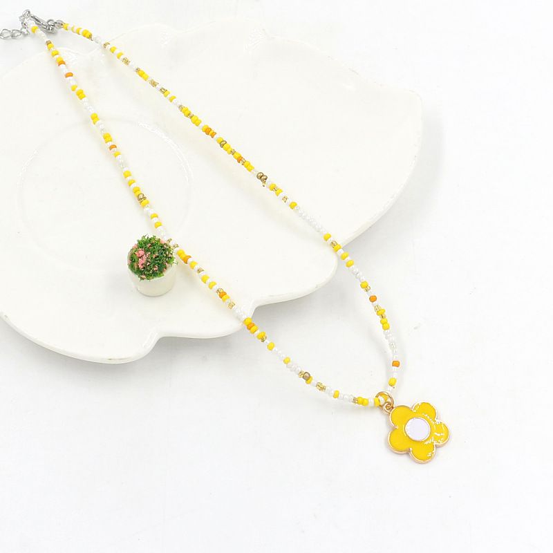 Fashion C#yellow Colorful Rice Beads Flower Necklace