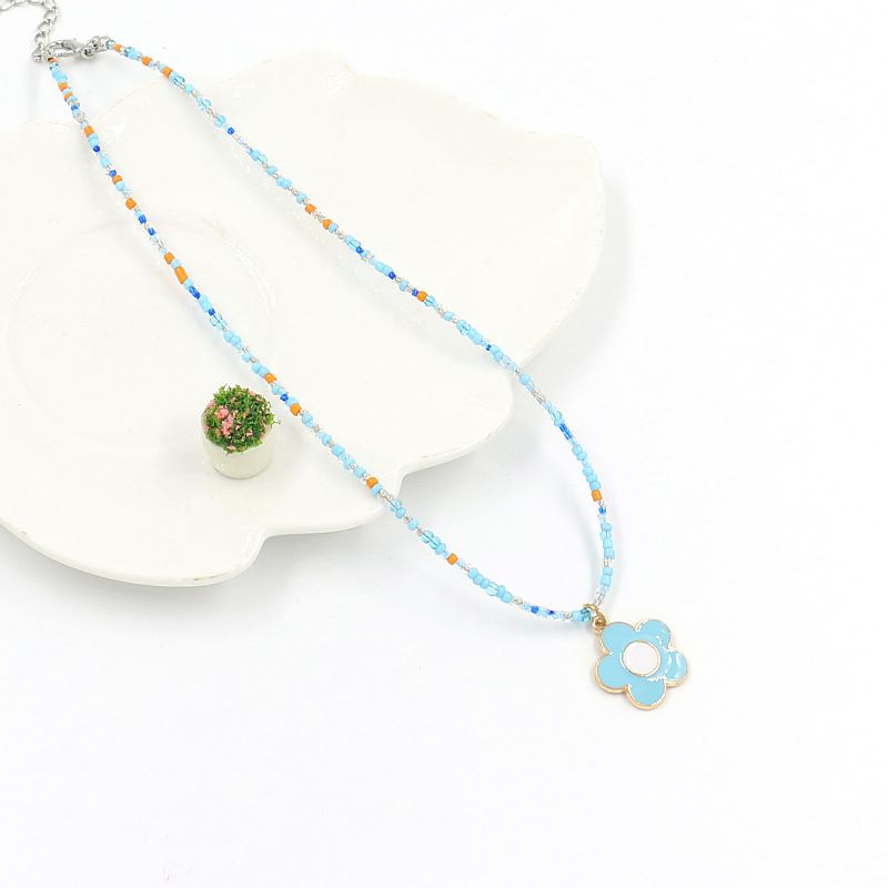Fashion E#blue Colorful Rice Beads Flower Necklace
