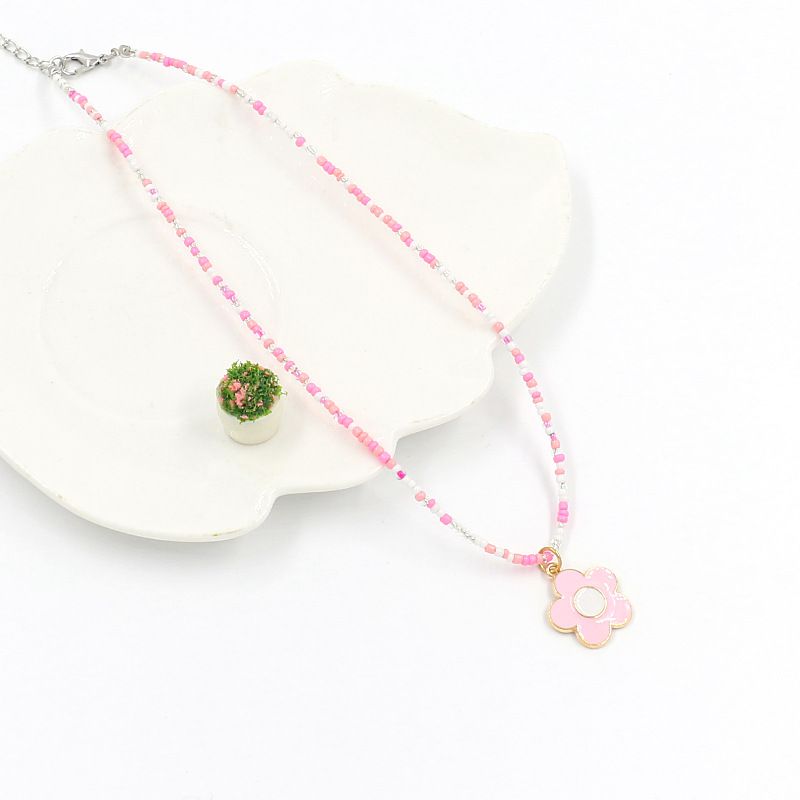 Fashion F#pink Colorful Rice Beads Flower Necklace