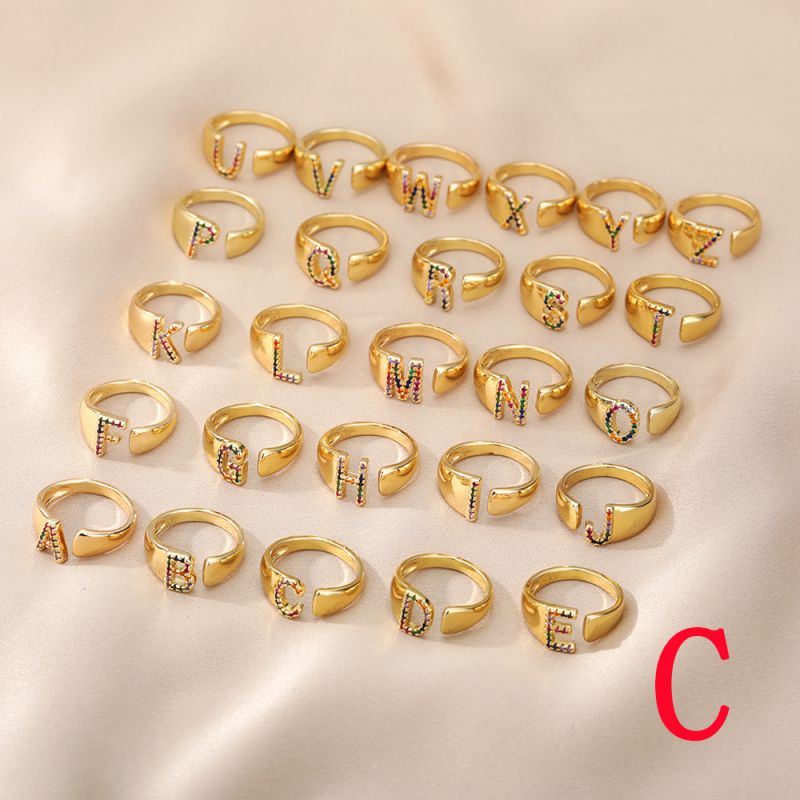 Fashion C Copper Inlaid Zirconium 26 Letter Open Ring