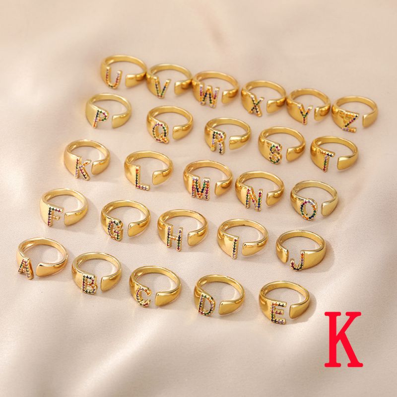 Fashion K Copper Inlaid Zirconium 26 Letter Open Ring
