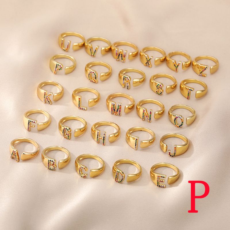 Fashion P Copper Inlaid Zirconium 26 Letter Open Ring