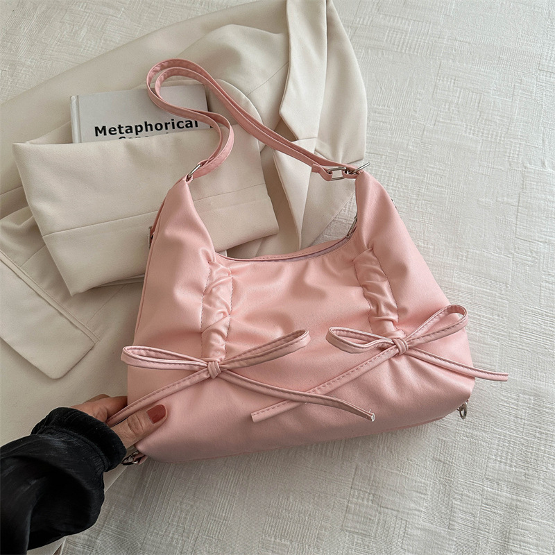 Fashion Pink Soft Leather Large Capacity Bow Shoulder Bag