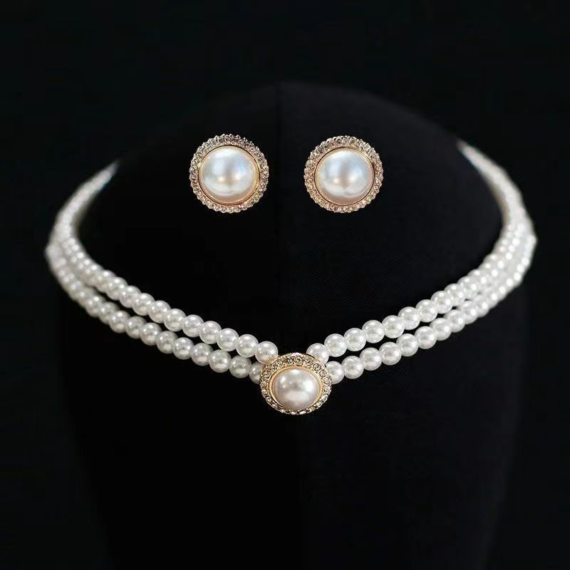 Fashion Gold Earring Style Alloy Diamond Pearl Necklace And Earrings Set