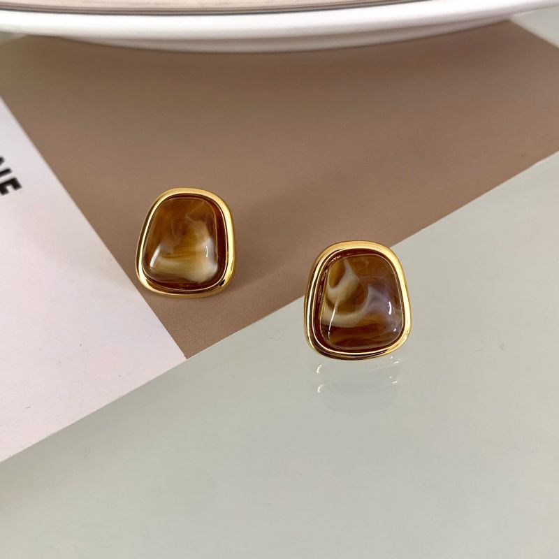 Fashion Coffee Color Metal Geometric Amber Stud Earrings