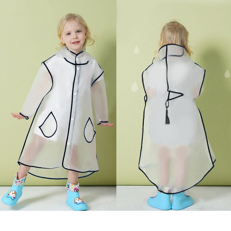 Fashion Pure White With Black Edges-cpe Eva Children's Hooded Raincoat