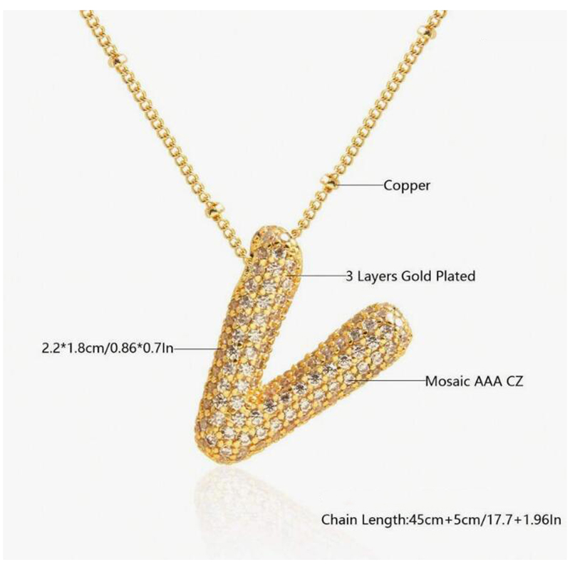 Fashion V Copper inlaid zirconium 26 letter necklace (bead chain)