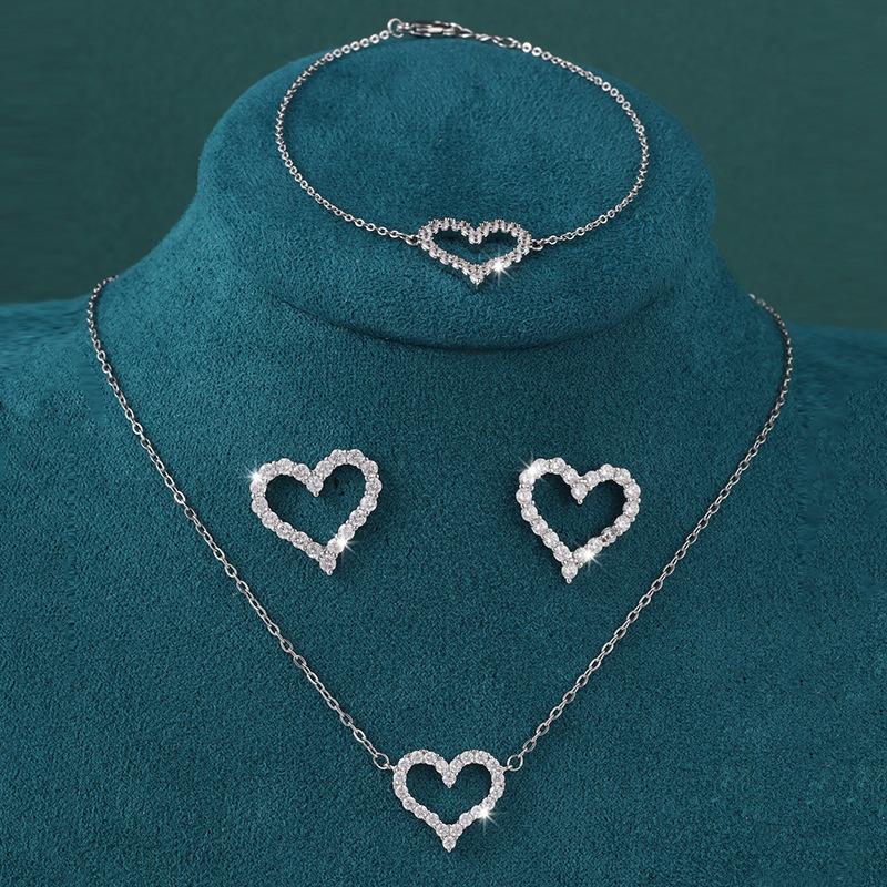 Fashion Silver Copper Inlaid Zirconium Love Earrings Necklace Bracelet Set