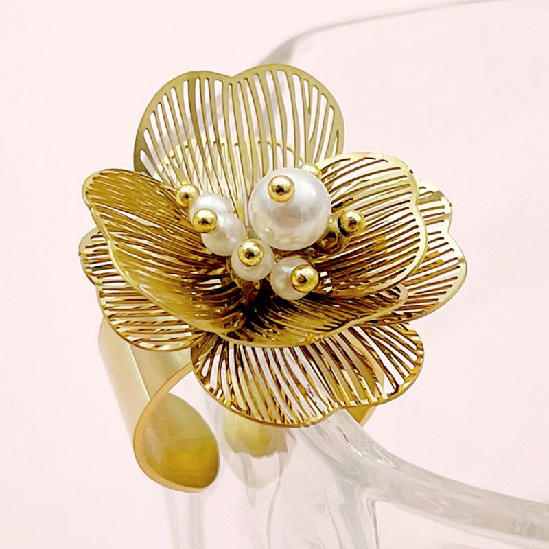 Fashion Gold Plus White Stainless Steel Pearl Flower Open Ring