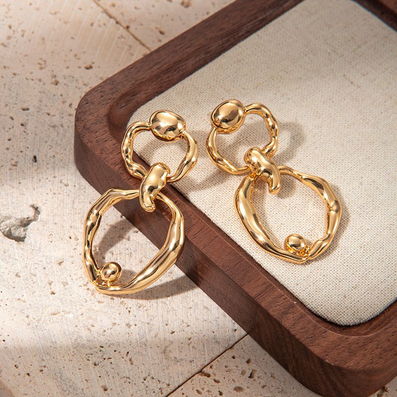 Fashion Gold Irregular Embossed Copper Double Round Earrings