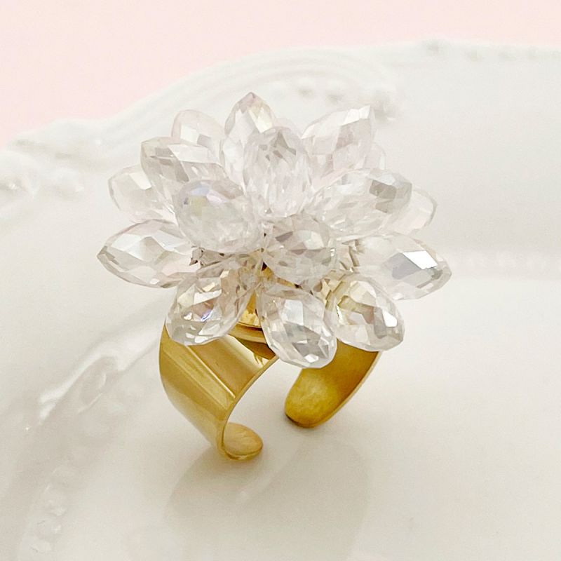 Fashion Gold Plus White Stainless Steel Crystal Flower Open Ring