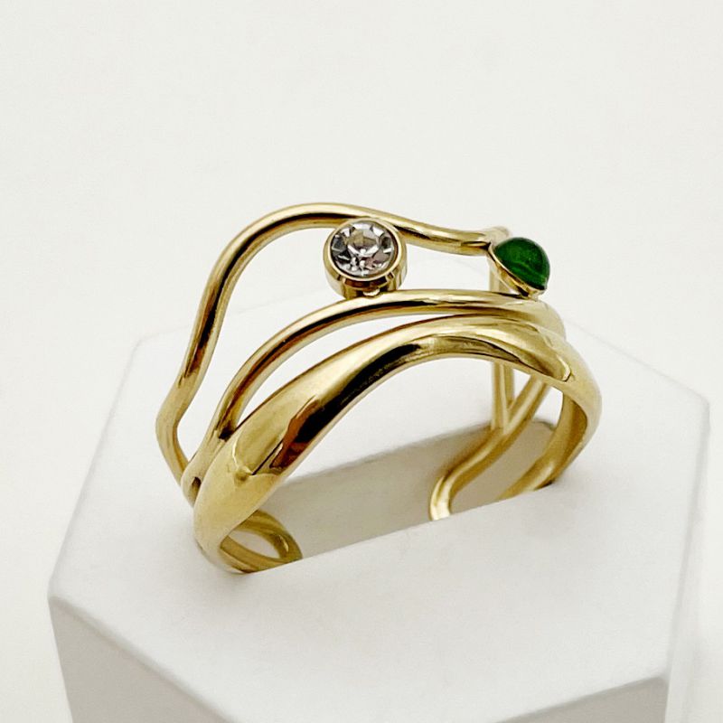 Fashion Gold Plus Green Stainless Steel Diamond Wave Open Ring