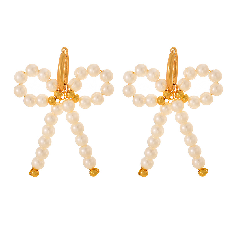 Fashion Golden 2 Pearl Bow Pendant Bead Earrings