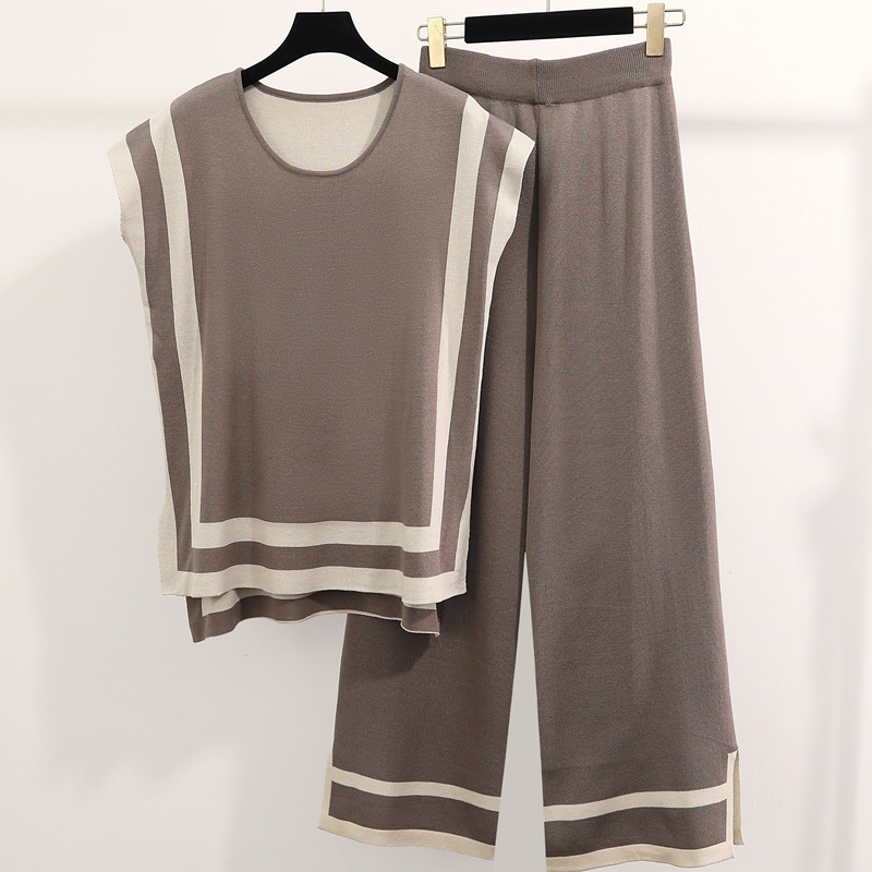 Fashion Brown Acrylic Knitted Short-sleeved Wide-leg Trousers Two-piece Set
