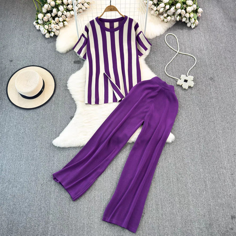 Fashion Purple Acrylic Striped Short-sleeved Sweater High-waisted Wide-leg Pants Two-piece Set