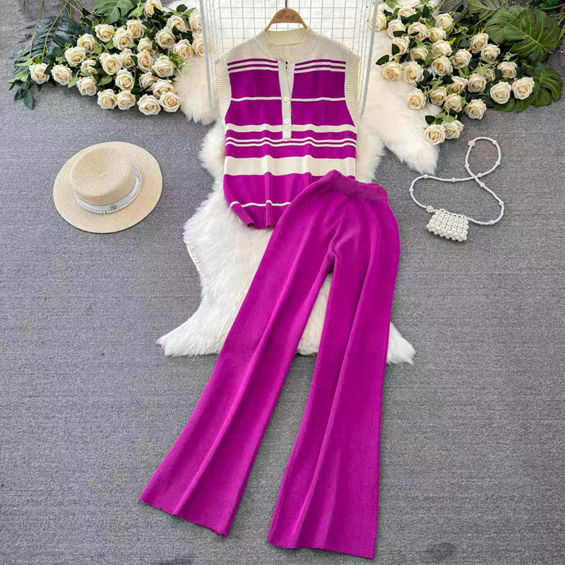 Fashion Rose Red Acrylic Sleeveless Stand-collar Striped Sweater High-waisted Wide-leg Pants Suit