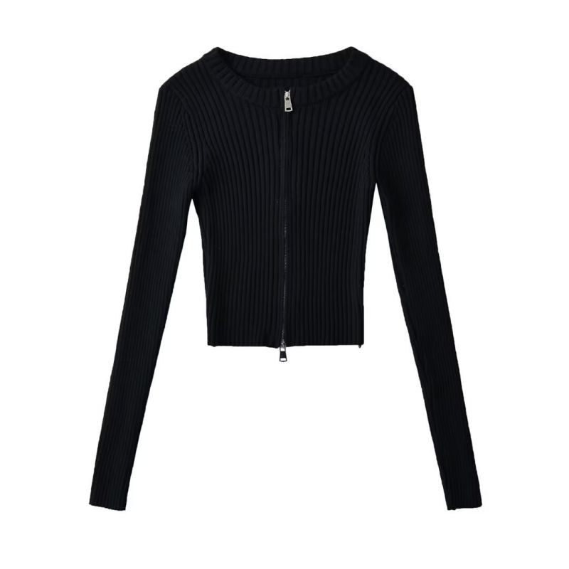 Fashion Black Cotton Double-zip Knitted Cardigan