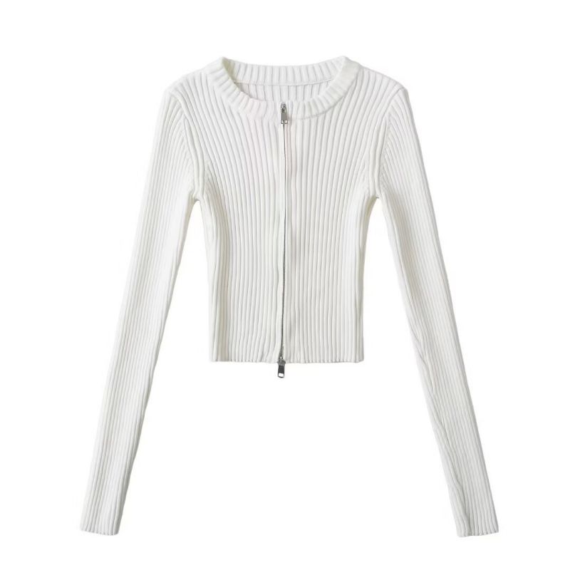 Fashion White Cotton Double-zip Knitted Cardigan