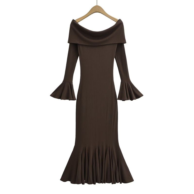 Fashion Dark Brown One Shoulder Fishtail Long Skirt