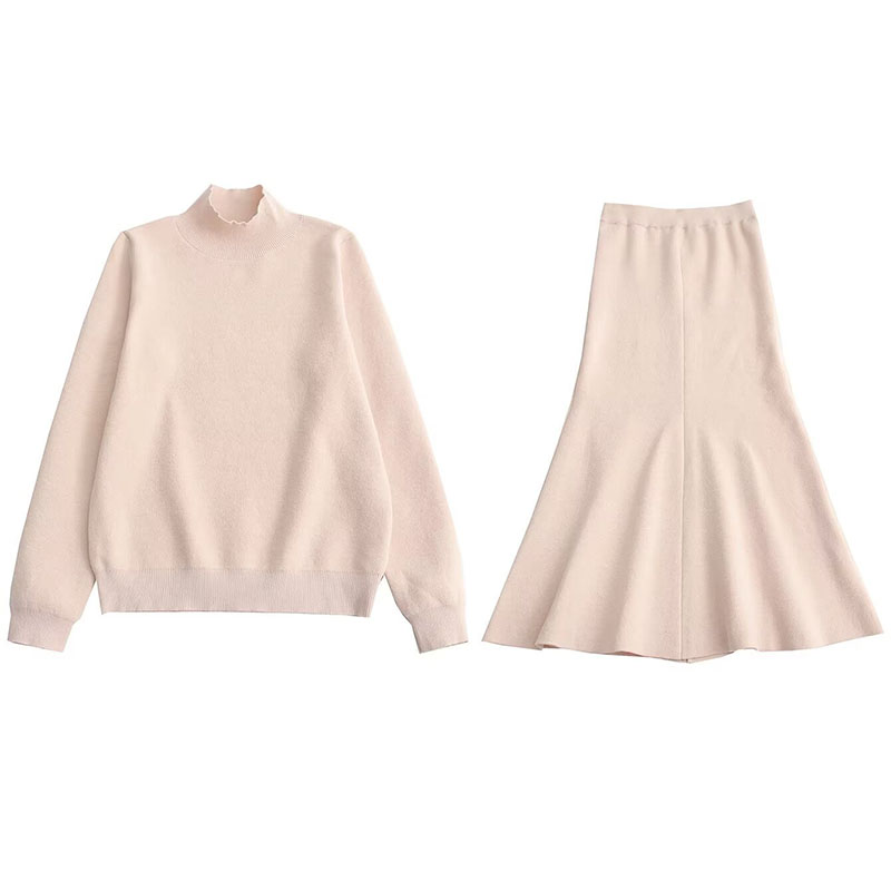 Fashion Beige Cotton Stand-up Collar Sweater + Skirt Two-piece Set