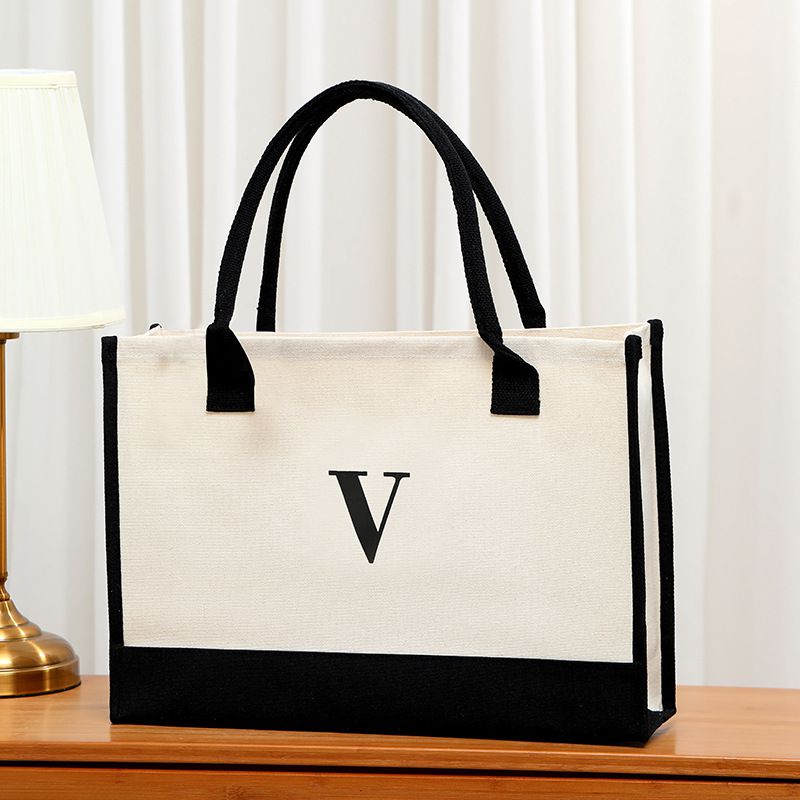 Fashion Pure Letter-v Canvas Letter Print Large Capacity Portable Mother-in-law Bag