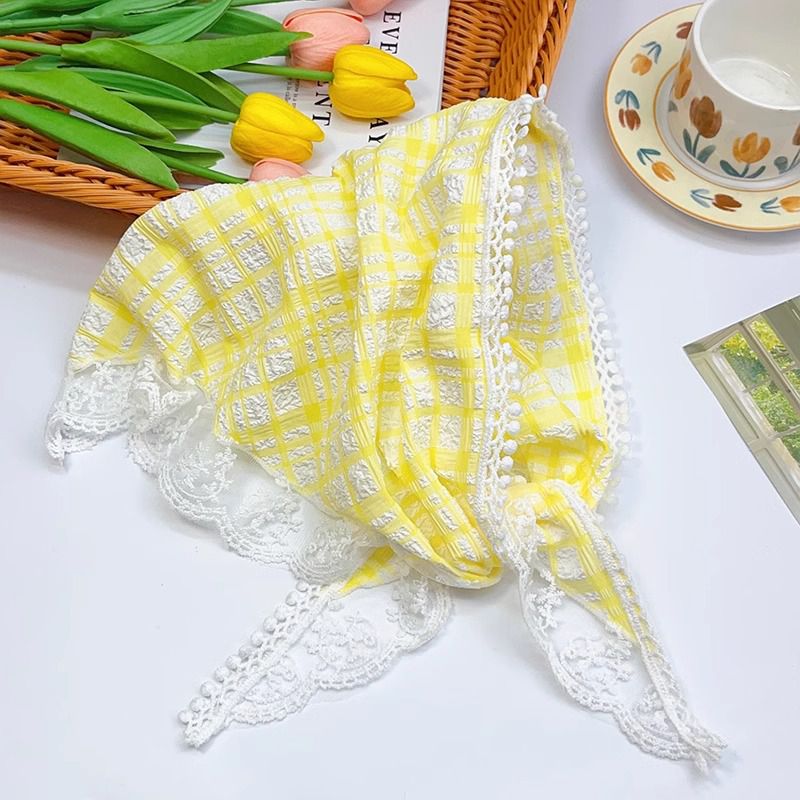Fashion 5#yellow Plaid Triangle Scarf Lace Plaid Triangle Headscarf