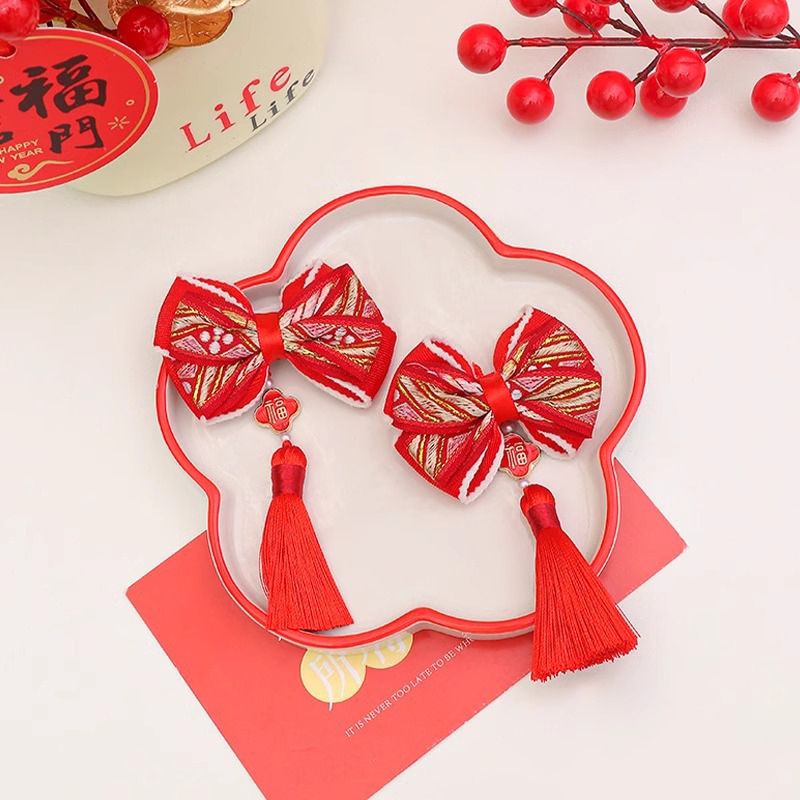 Fashion 6# Embroidered Tassel Bow Fabric Bow Children's Hair Clip