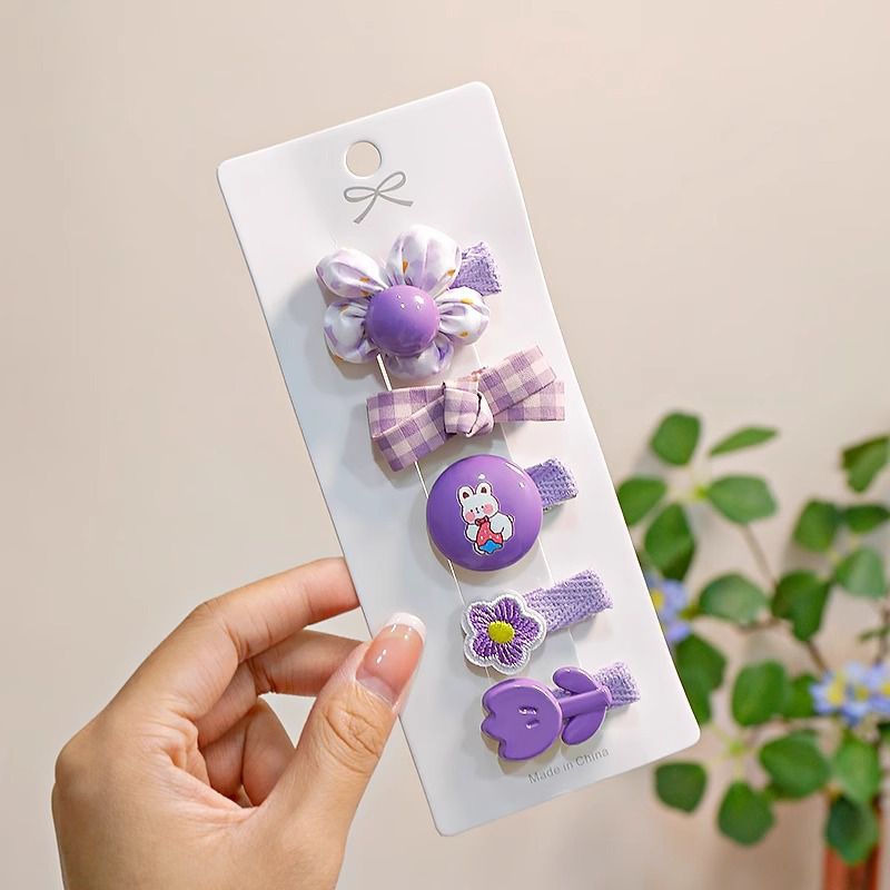 Fashion 15# Purple 5-piece Set Resin Geometric Cartoon Bow Children's Cloth Hairpin Set