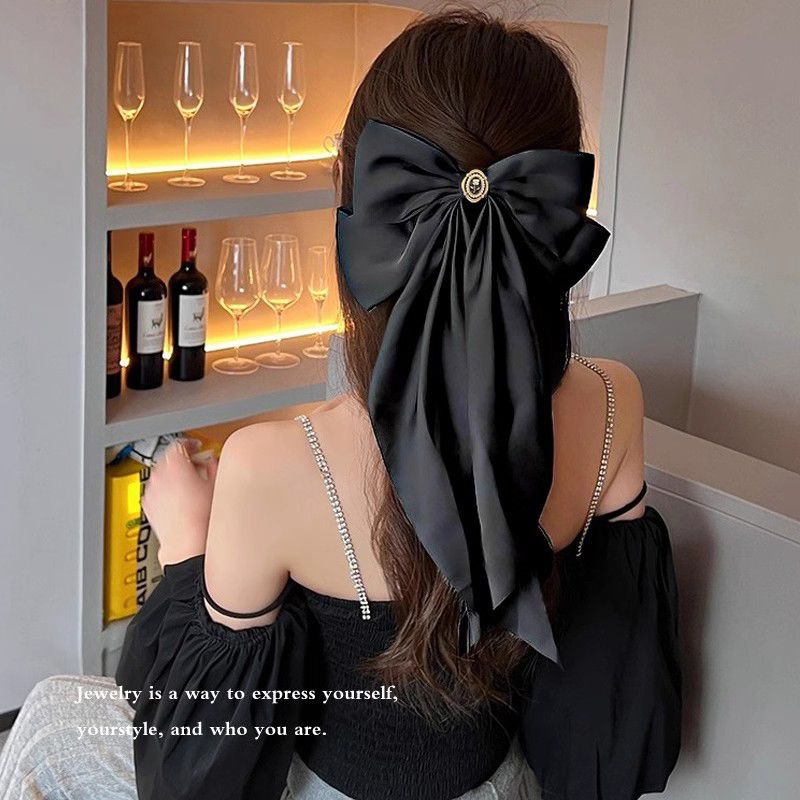 Fashion 1# Black Background Gold Rose Bow Ribbon [same Style As Model] Fabric Bow Hairpin