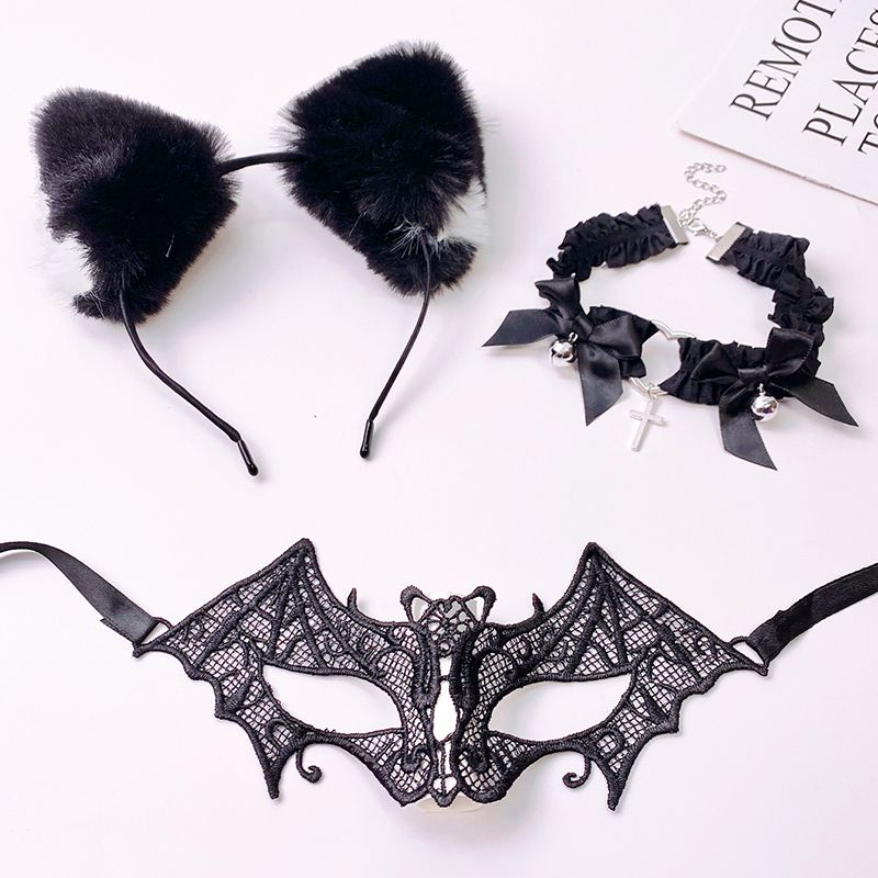 Fashion Three Piece Set Fabric Cat Ear Headband Lace Bat Eye Mask Collar Set