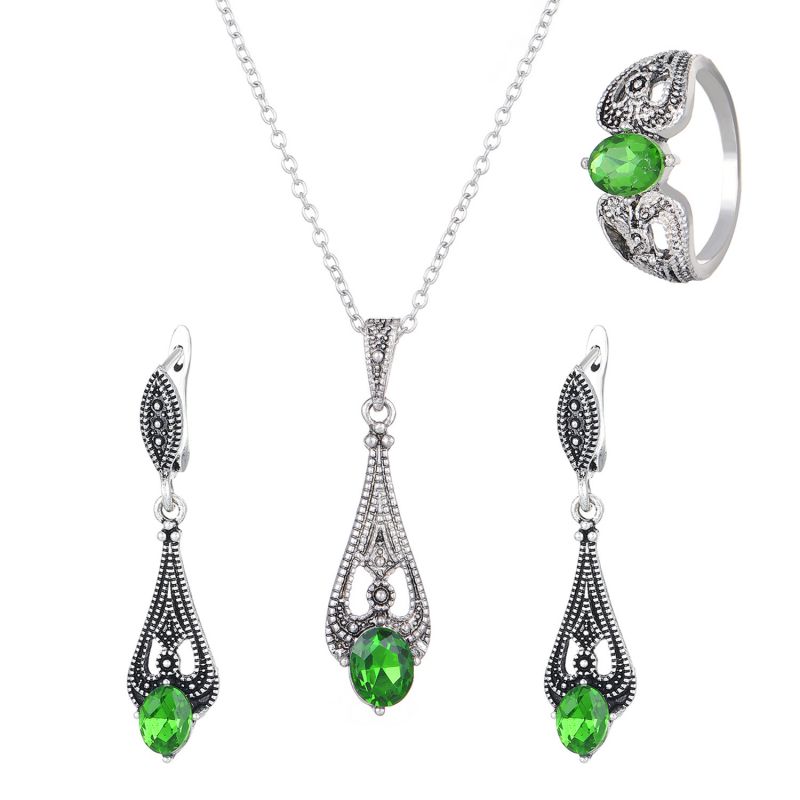 Fashion Silver Alloy Diamond Drop Earrings Ring Necklace Set