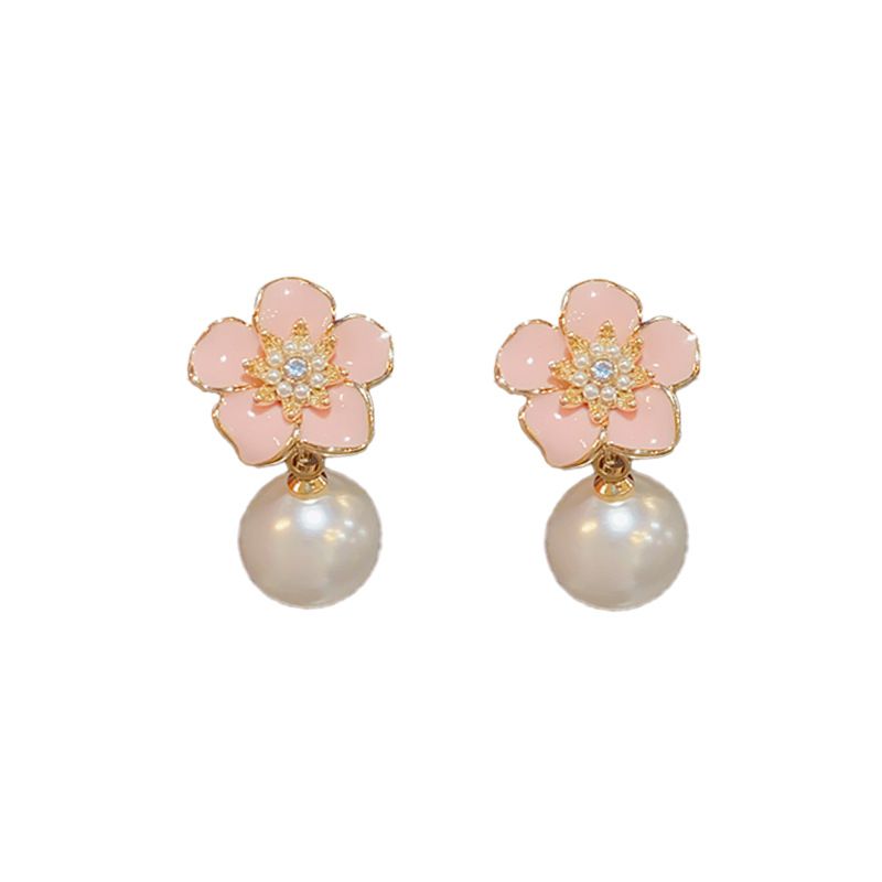 Fashion Pink-oil Dripping Camellia Pearl Earrings (thick Real Gold Plating) Copper Set With Diamond Oil Drop Flower Pearl Earrings