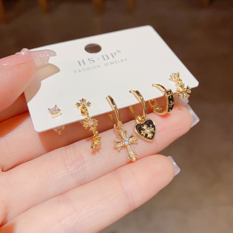 Fashion Gold-diamond Cross Love Earrings (thick Real Gold To Protect Color) Copper Inlaid Zirconium Love Cross Earring Set