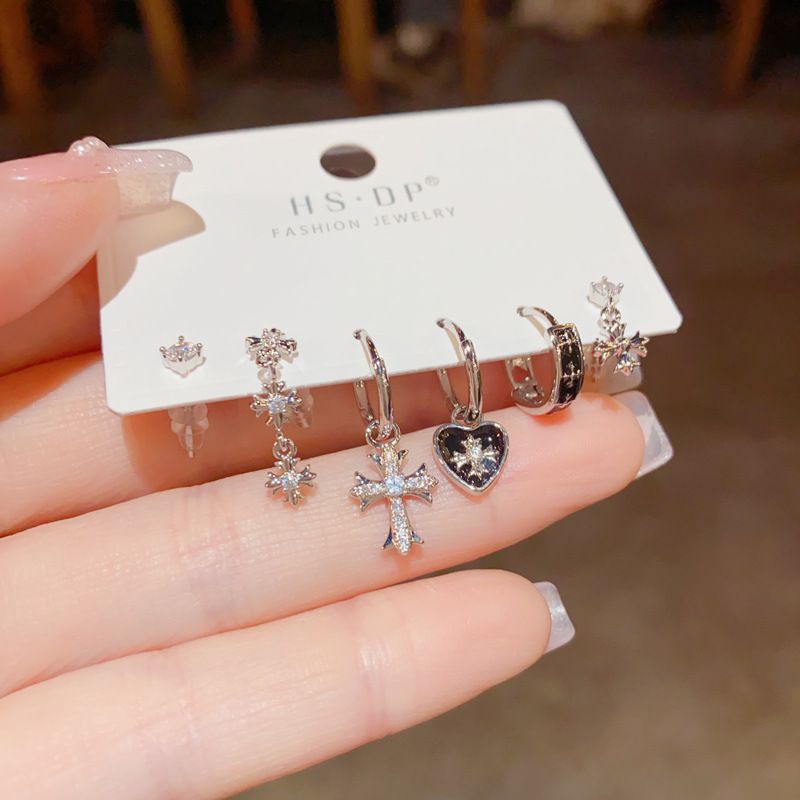 Fashion Silver-diamond Cross Love Earrings (thick Real Gold To Preserve Color) Copper Inlaid Zirconium Love Cross Earring Set