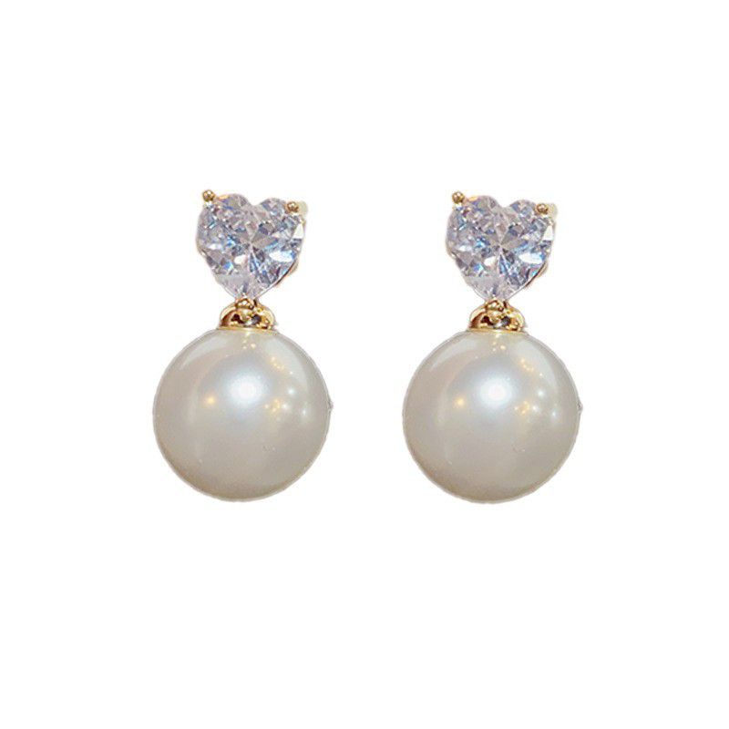 Fashion White-love Zircon Pearl Stud Earrings (thick Real Gold Plating) Copper Inlaid Zirconium Love Pearl Earrings