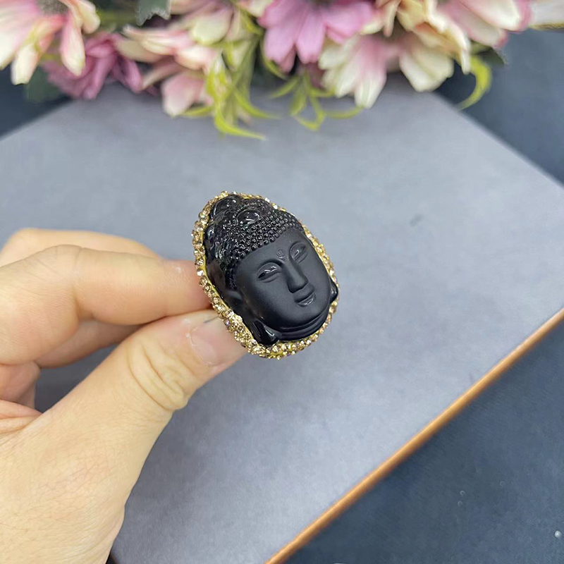 Fashion Black Frosted Glass Buddha Head Ring