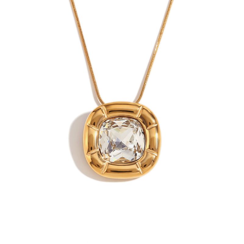 Fashion Necklace-gold-white Zirconium Stainless Steel Gold Plated Diamond Rounded Square Zircon Necklace