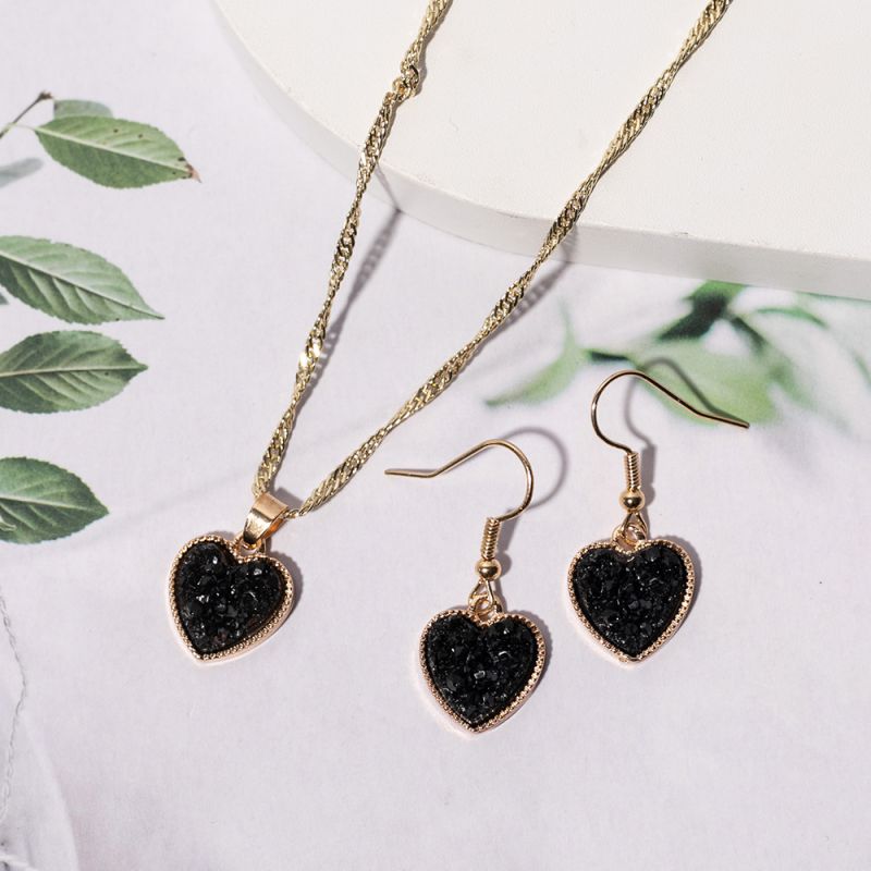Fashion Black Suit Alloy Geometric Love Necklace And Earrings Set