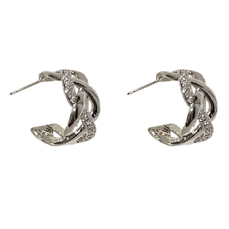Fashion Silver Metal Diamond Geometric Twist C-shaped Earrings