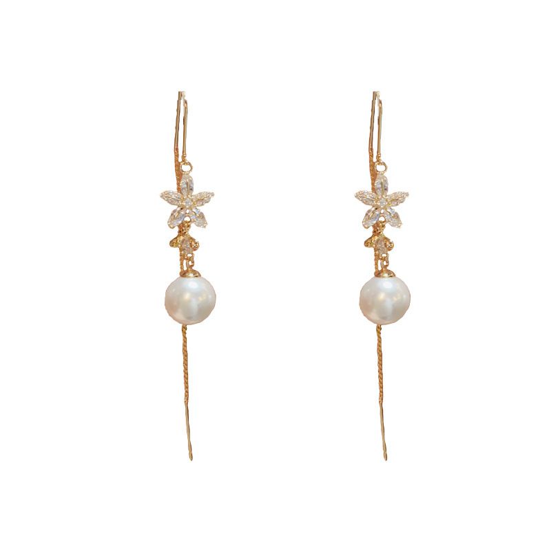 Fashion Gold Copper Inlaid Zirconium Flower Pearl Earrings