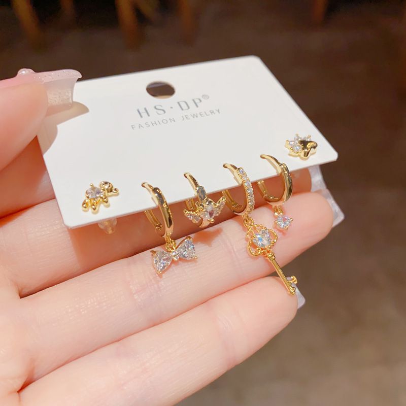 Fashion Gold-diamond Bow Key 6-piece Set (thick Real Gold To Protect Color) Copper Inlaid Zirconium Geometric Earring Set
