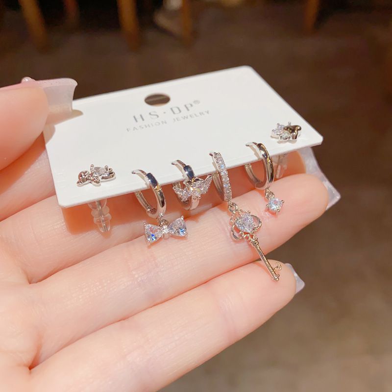 Fashion Silver - 6-piece Diamond Bow Key Set (thick Real Gold To Protect Color) Copper Inlaid Zirconium Geometric Earring Set