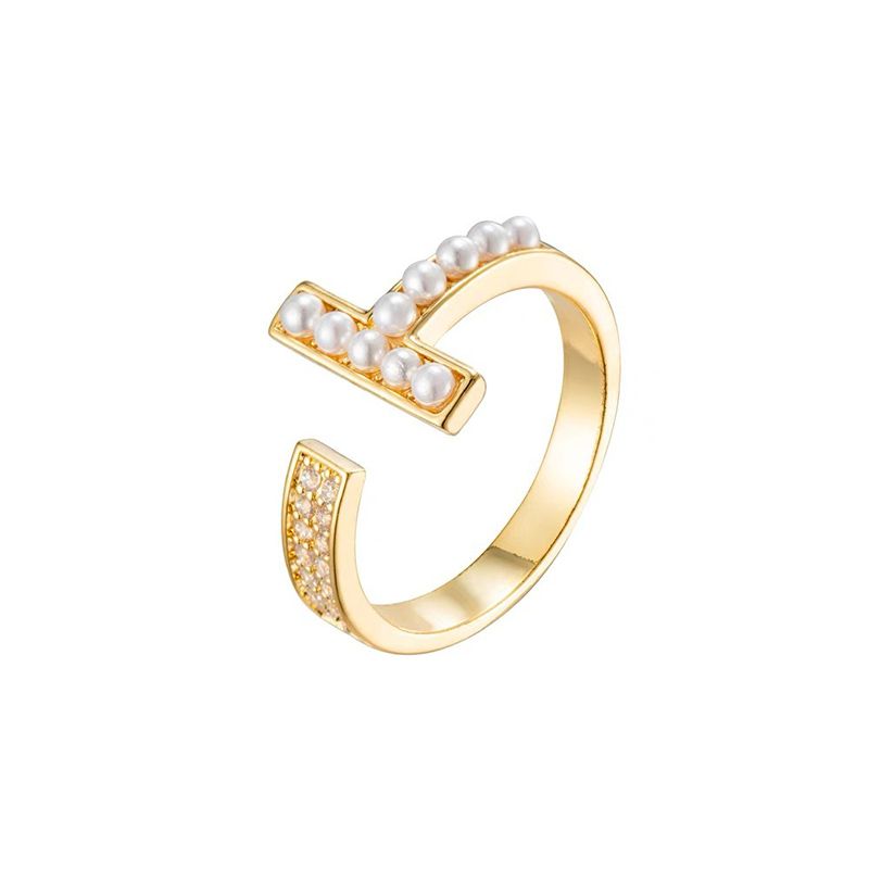 Fashion T Letter Small Pearl Ring (thick Real Gold Color Preservation) Copper Set With Diamond And Pearl Open Ring