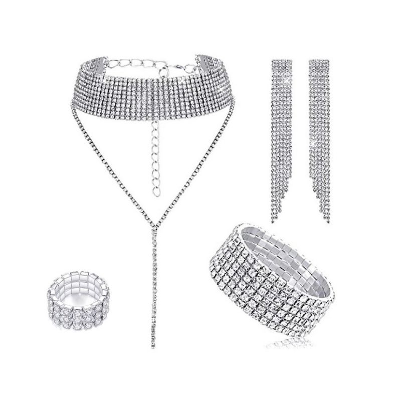 Fashion 10 Rows Of Necklaces + 6 Rows Of Earrings + 6 Rows Of Bracelets + Three Rows Of Rings Geometric Diamond Necklace Ring Bracelet And Earrings Set
