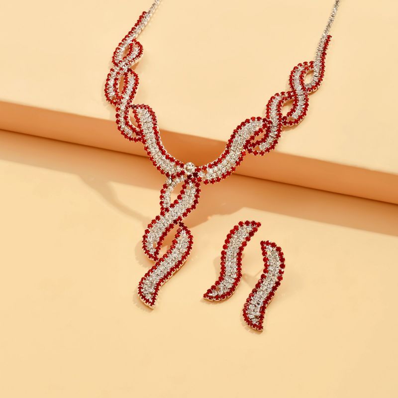 Fashion Red Two Piece Set Geometric Diamond Earrings And Necklace Set